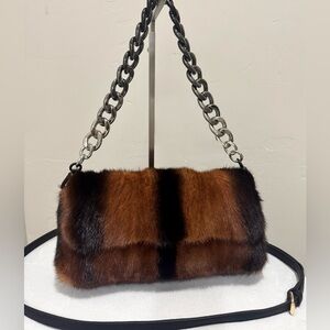 Brown Gradient Real Mink Fur Handmade Baguette Shoulder Bag, Multi Use Style